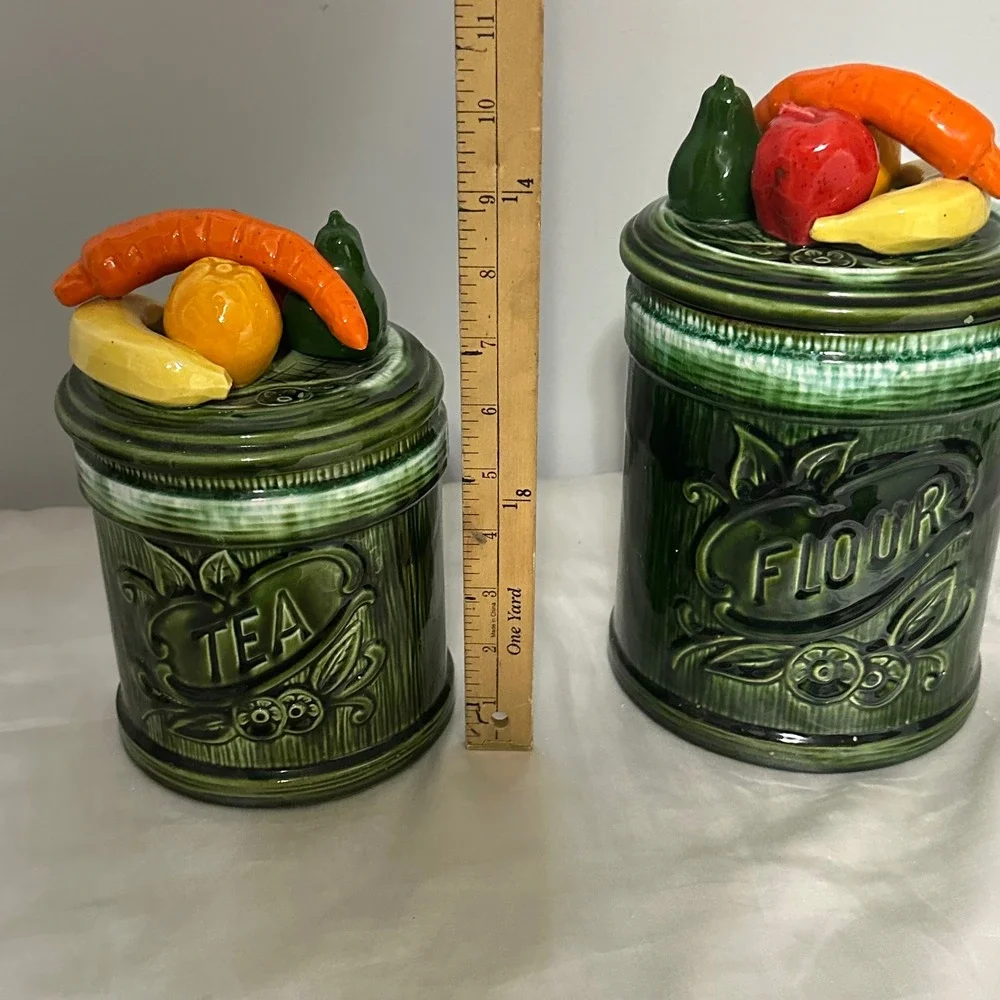 Vintage Fruit Lid Ceramic Canister Avacado Green Tea Flour Jars Good Retro MCM